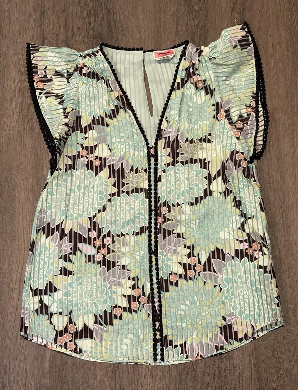 kate spade new york Women’s XXS Floral Chiffon V-Neck Pleated Lined Blouse NWOT